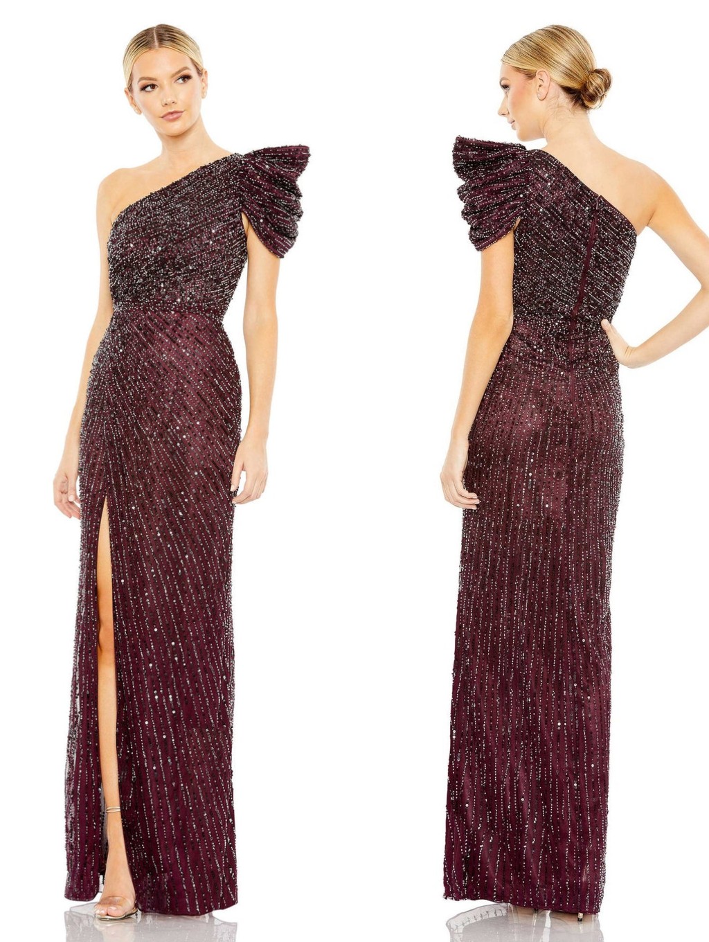 Nwt Mac Duggal Embellished Puff One Shoulder Gown In Blackberry 5622
